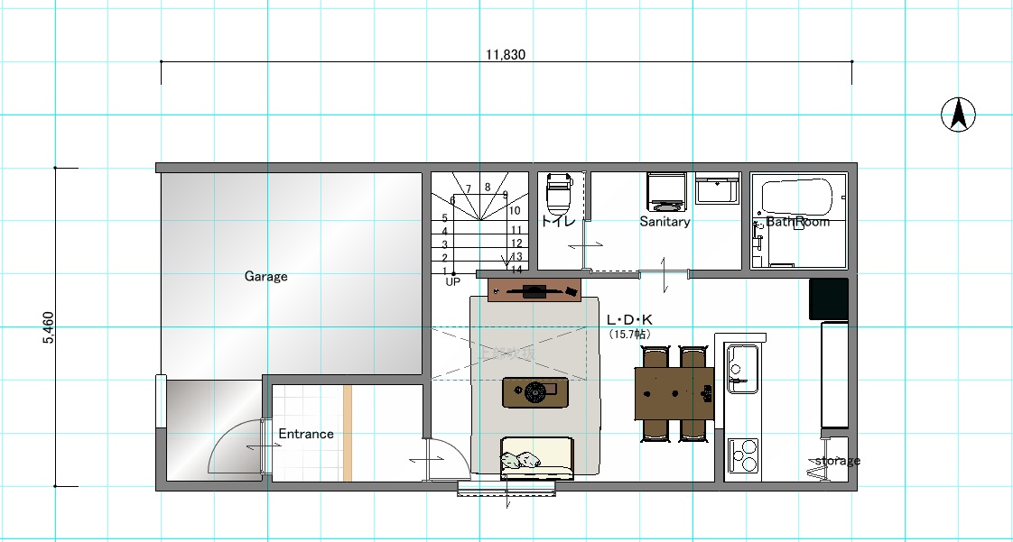 吹抜けで光を取り込む、インナーガレージのある都市型2階建て